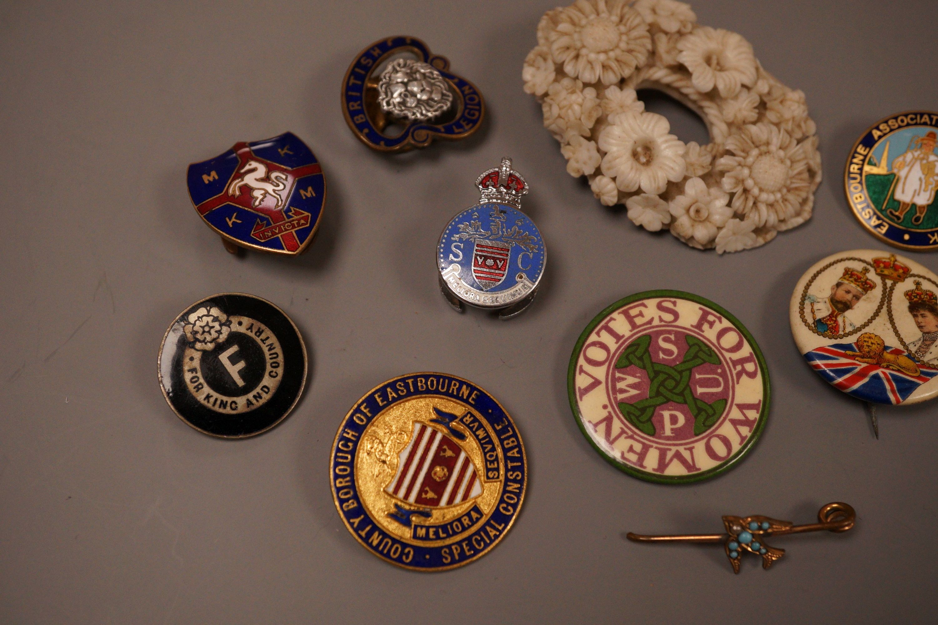 A selection of badges, to include Suffragette Women's Social and Political Union ‘Votes For Women’, Eastbourne Association of Sussex Folk, and others